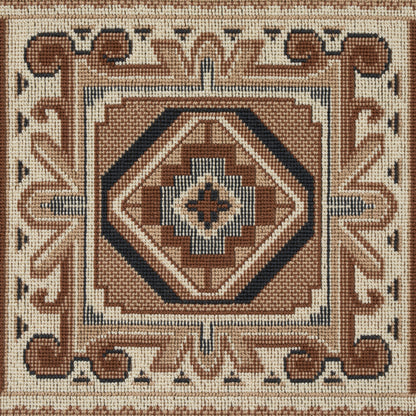 Southwestern-style woven rug with central diamond medallion in brown, cream and navy, ornate border.