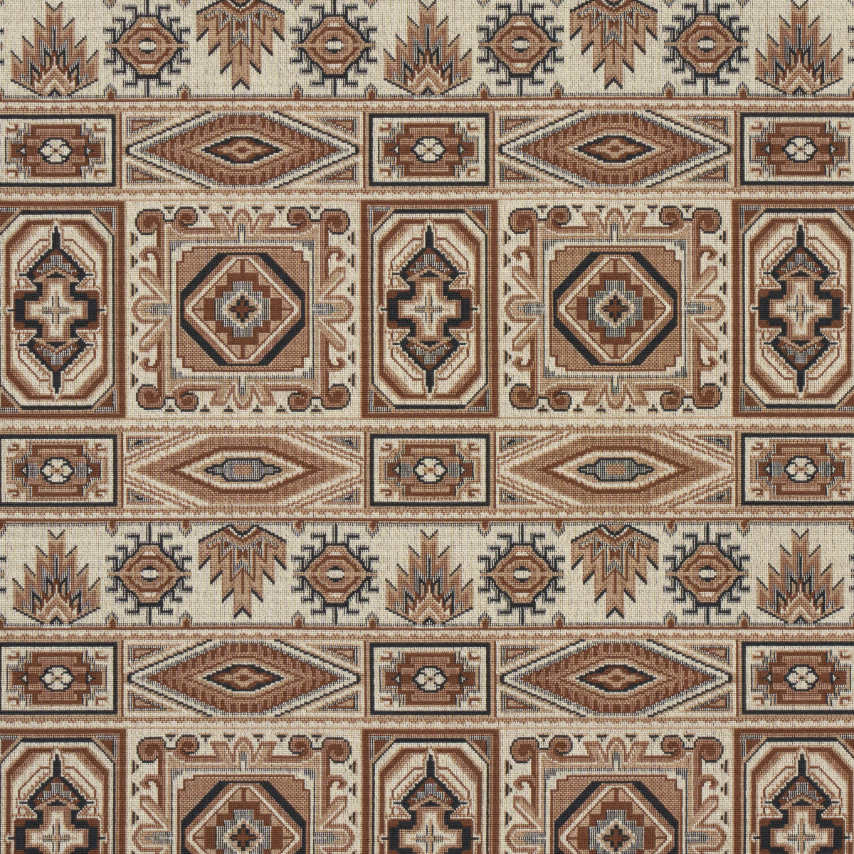 Kilim-style geometric rug pattern in beige, tan, brown with diamonds, medallions and scroll borders.