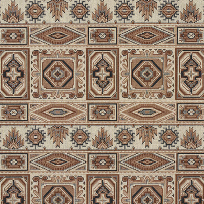 Kilim-style geometric rug pattern in beige, tan, brown with diamonds, medallions and scroll borders.