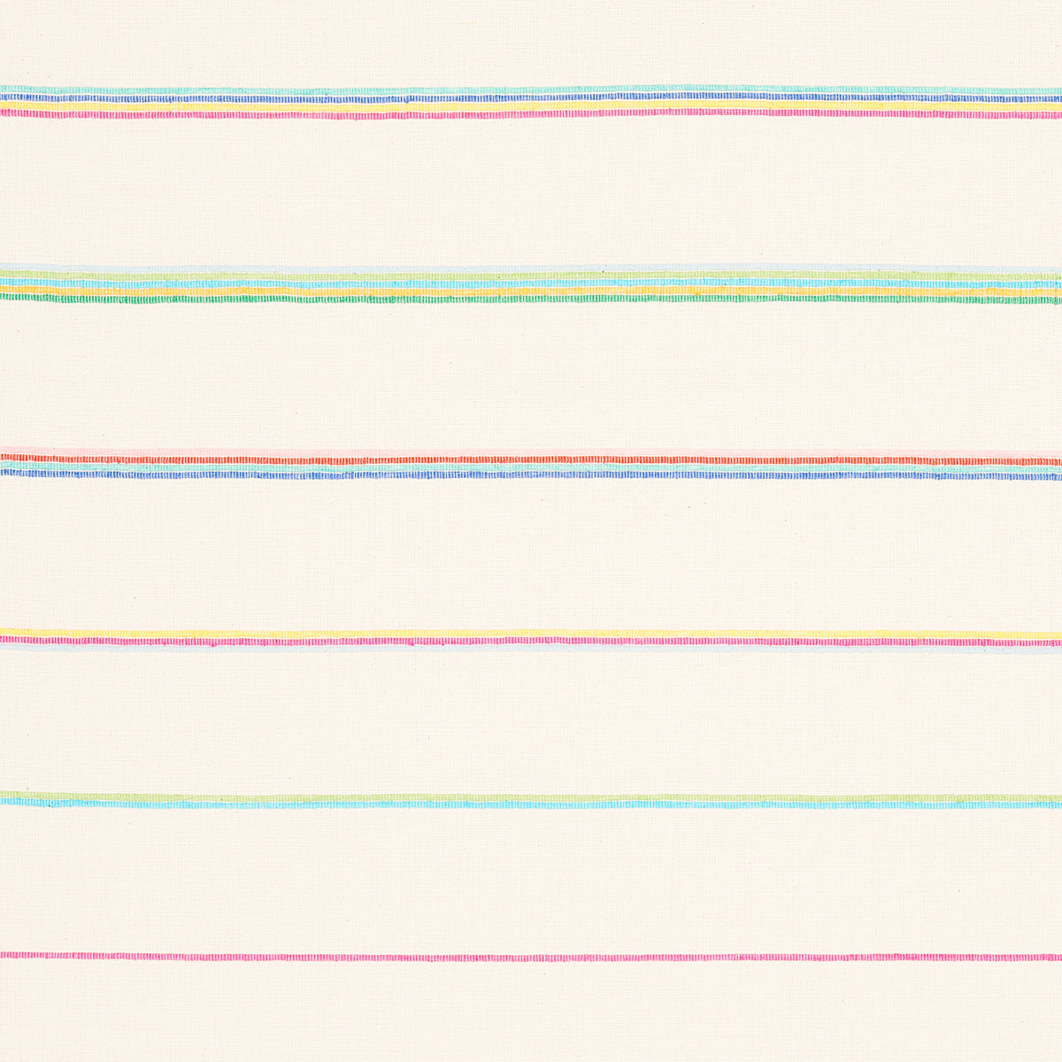 Cream fabric with thin pastel horizontal stripes in pink, blue, green and yellow.