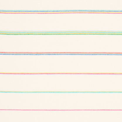 Cream fabric with thin pastel horizontal stripes in pink, blue, green and yellow.