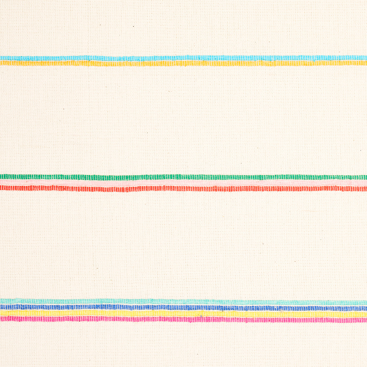 Natural linen textile with thin horizontal multicolor striped pattern in turquoise-yellow, green, coral, and pink-purple.