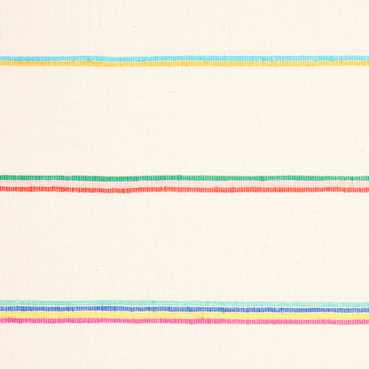 Natural linen textile with thin horizontal multicolor striped pattern in turquoise-yellow, green, coral, and pink-purple.