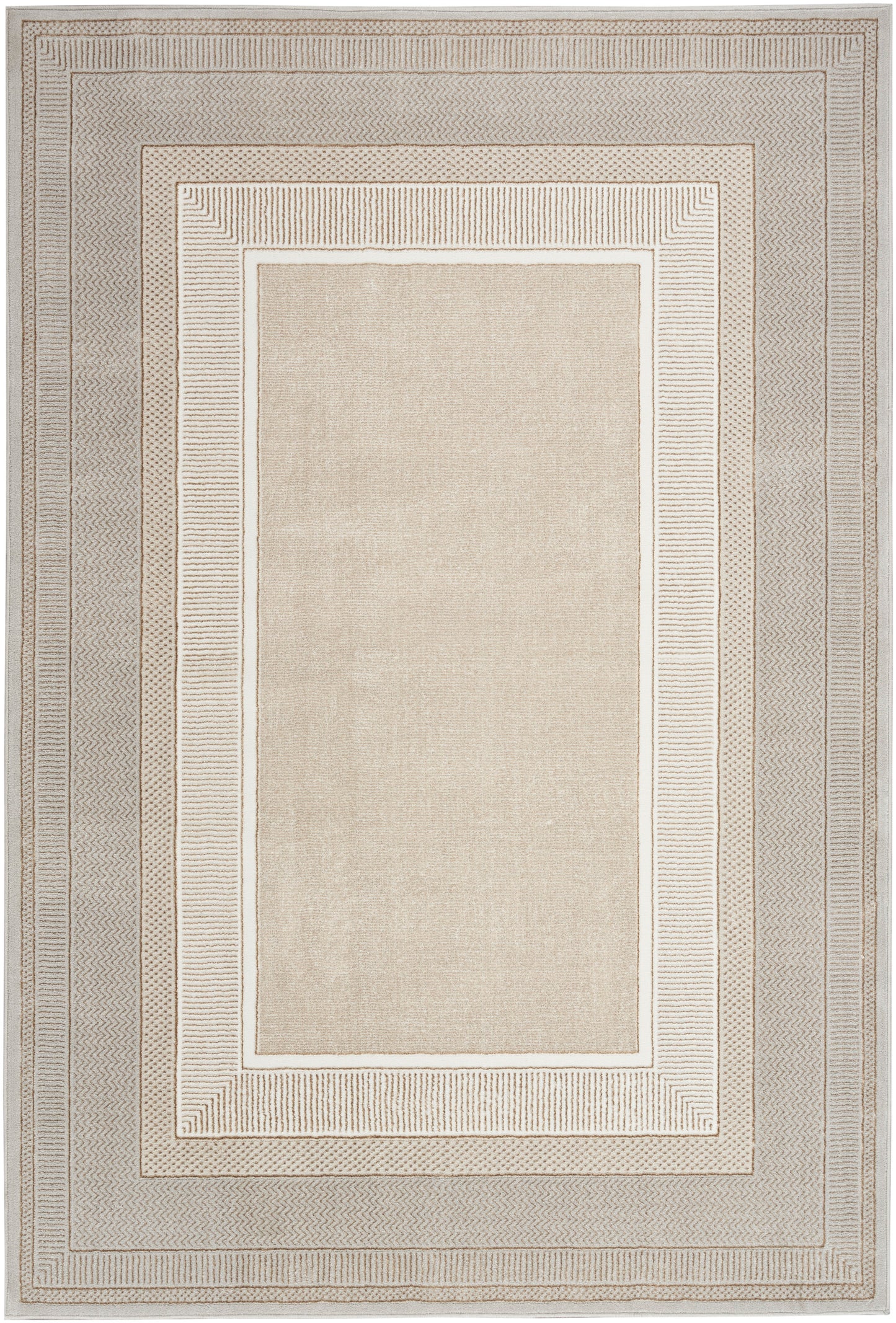 Neutral beige area rug with nested rectangular borders in cream & taupe; soft woven texture, modern geometric design.