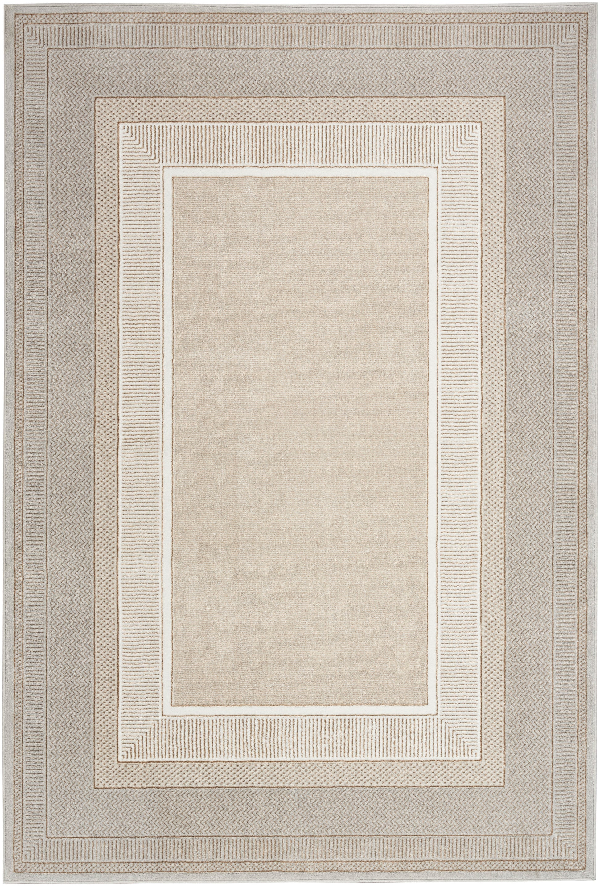 Neutral beige area rug with nested rectangular borders in cream & taupe; soft woven texture, modern geometric design.