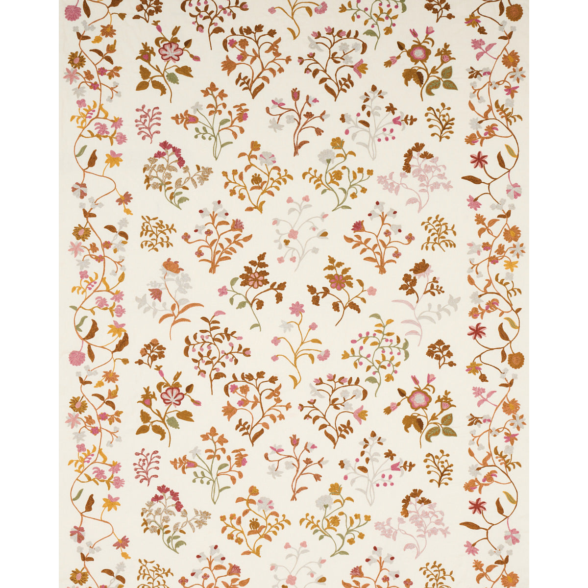 Cream wallpaper with delicate gold, pink, and peach botanical vines and small flowers in a repeating pattern.