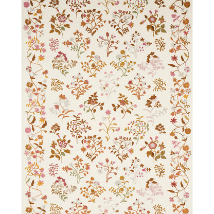 Cream wallpaper with delicate gold, pink, and peach botanical vines and small flowers in a repeating pattern.