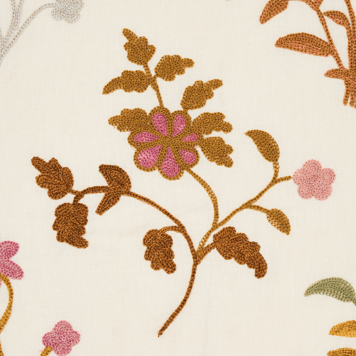 Cream fabric with brown embroidered floral vines & pink flowers; vintage cottage-style textile.