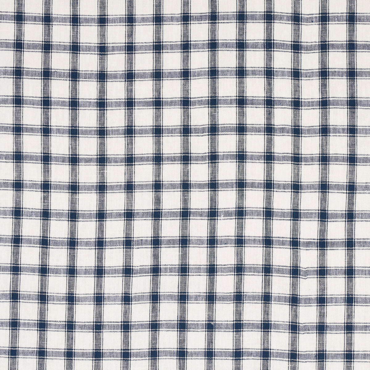 White fabric with navy blue plaid grid pattern, classic checks for shirts or home textiles.