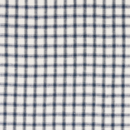 White fabric with navy blue plaid grid pattern, classic checks for shirts or home textiles.