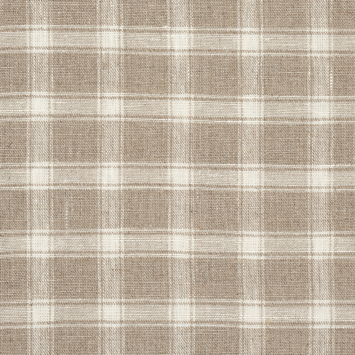 Beige plaid woven fabric swatch with white overcheck lines and a soft textured appearance.