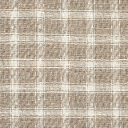 Beige plaid woven fabric swatch with white overcheck lines and a soft textured appearance.
