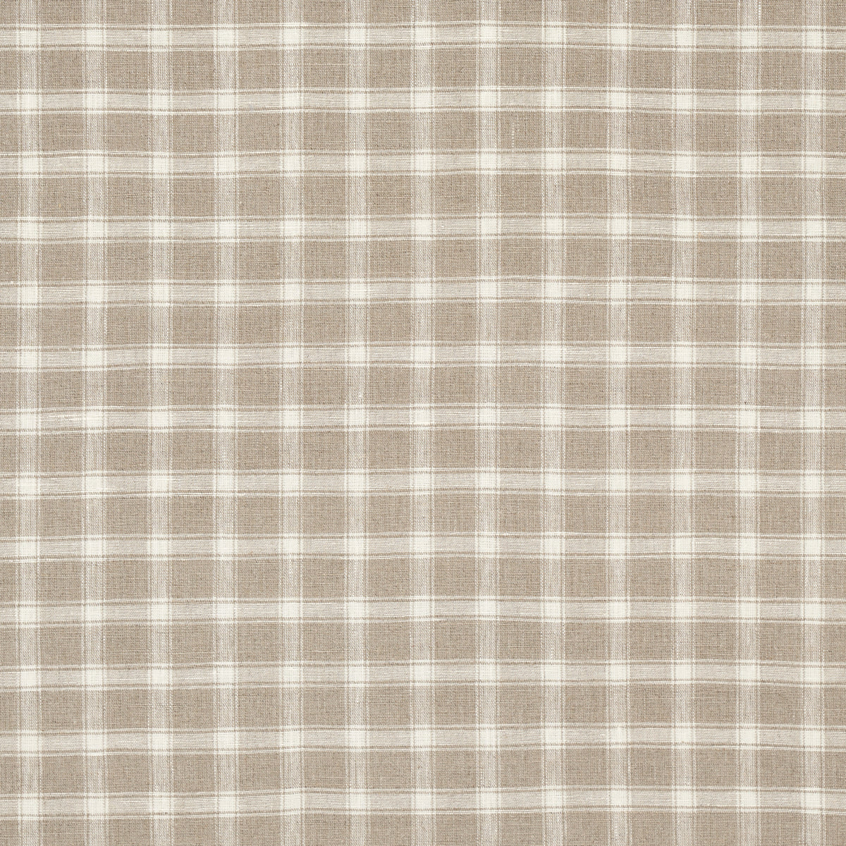 Beige and white plaid fabric with a soft woven texture and neutral checkered pattern.