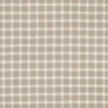 Beige and white plaid fabric with a soft woven texture and neutral checkered pattern.