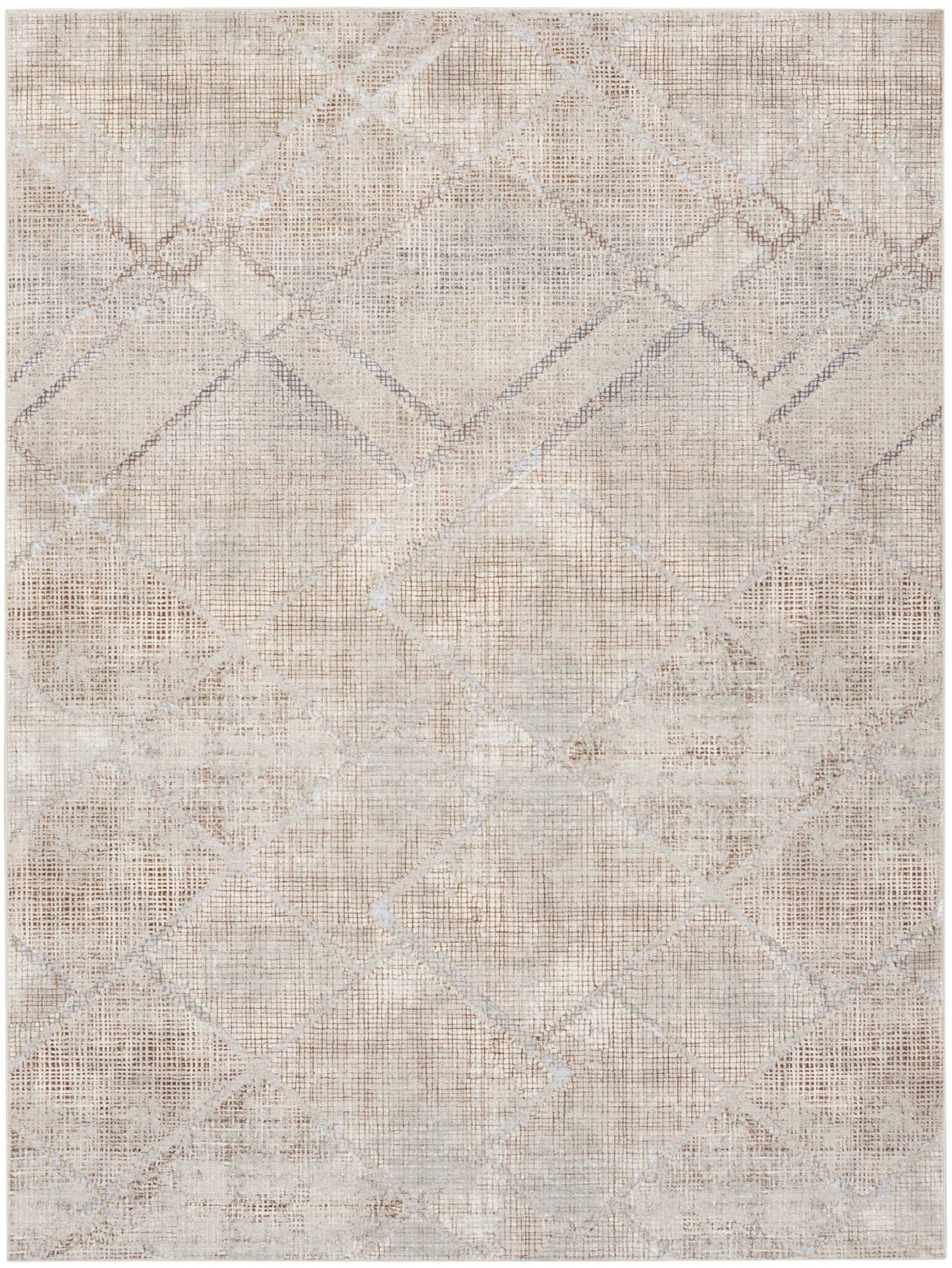 Neutral-toned distressed area rug with a subtle geometric diamond lattice in beige, taupe and ivory.
