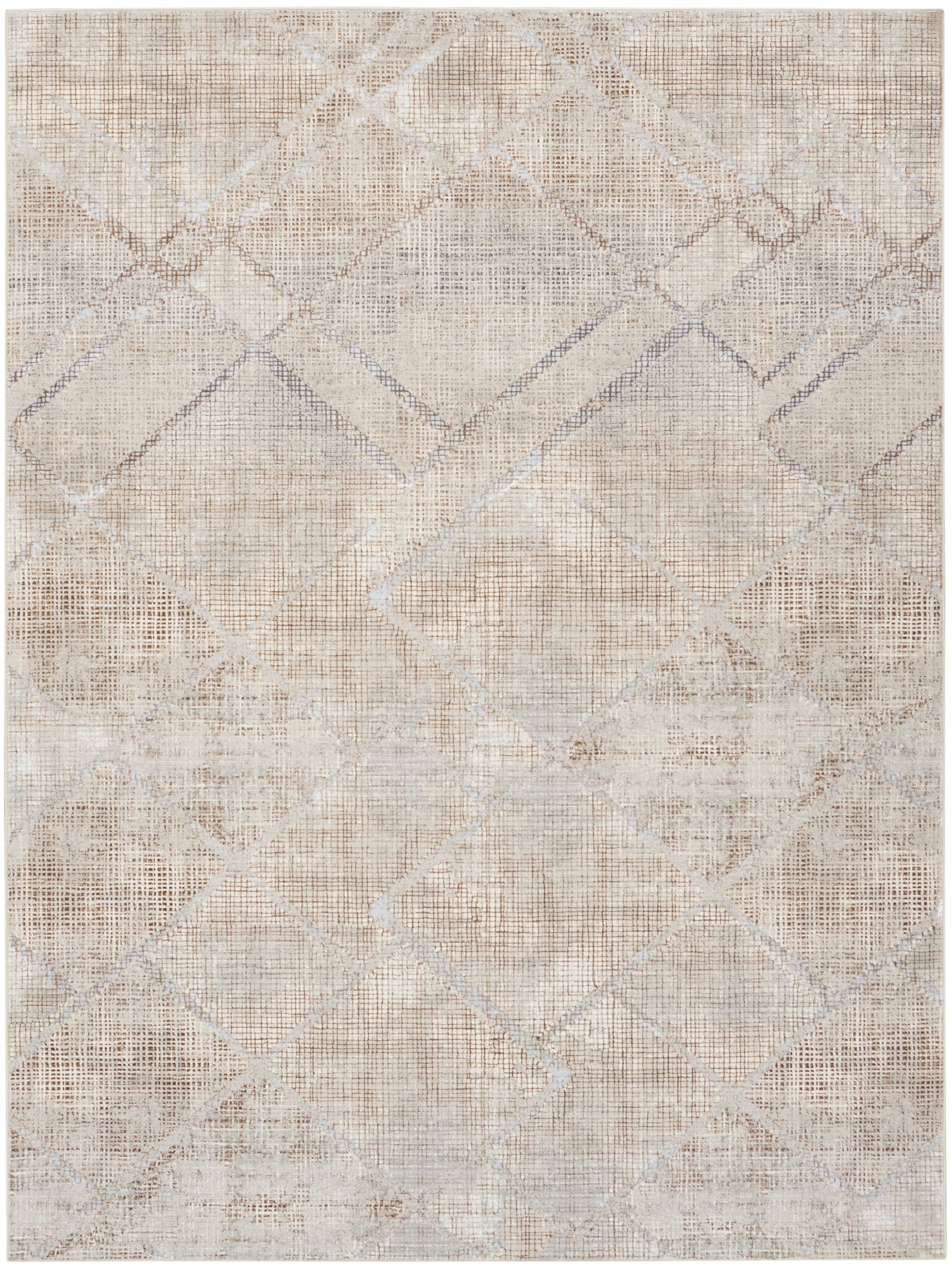 Neutral-toned distressed area rug with a subtle geometric diamond lattice in beige, taupe and ivory.