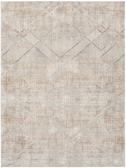 Neutral-toned distressed area rug with a subtle geometric diamond lattice in beige, taupe and ivory.