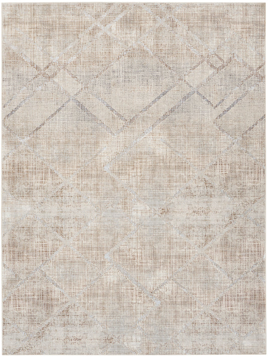 Neutral-toned distressed area rug with a subtle geometric diamond lattice in beige, taupe and ivory.