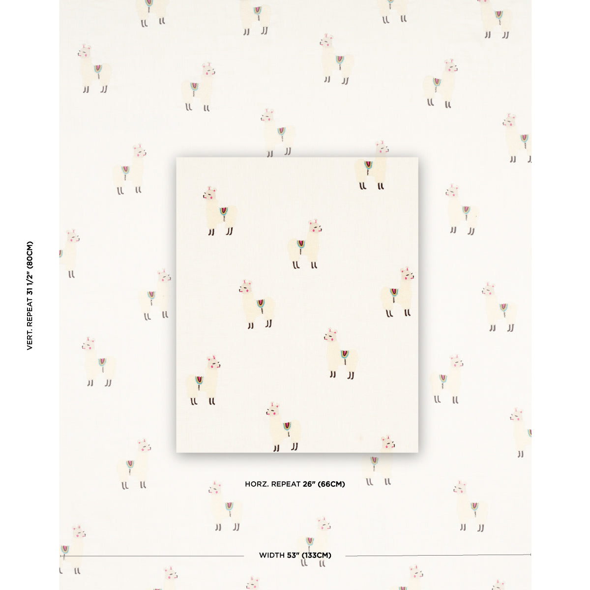 Cream wallpaper with tiny pastel animal figures and pink floral accents in a subtle repeating pattern.