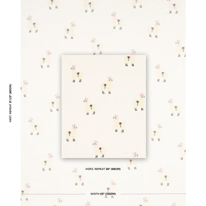 Cream wallpaper with tiny pastel animal figures and pink floral accents in a subtle repeating pattern.