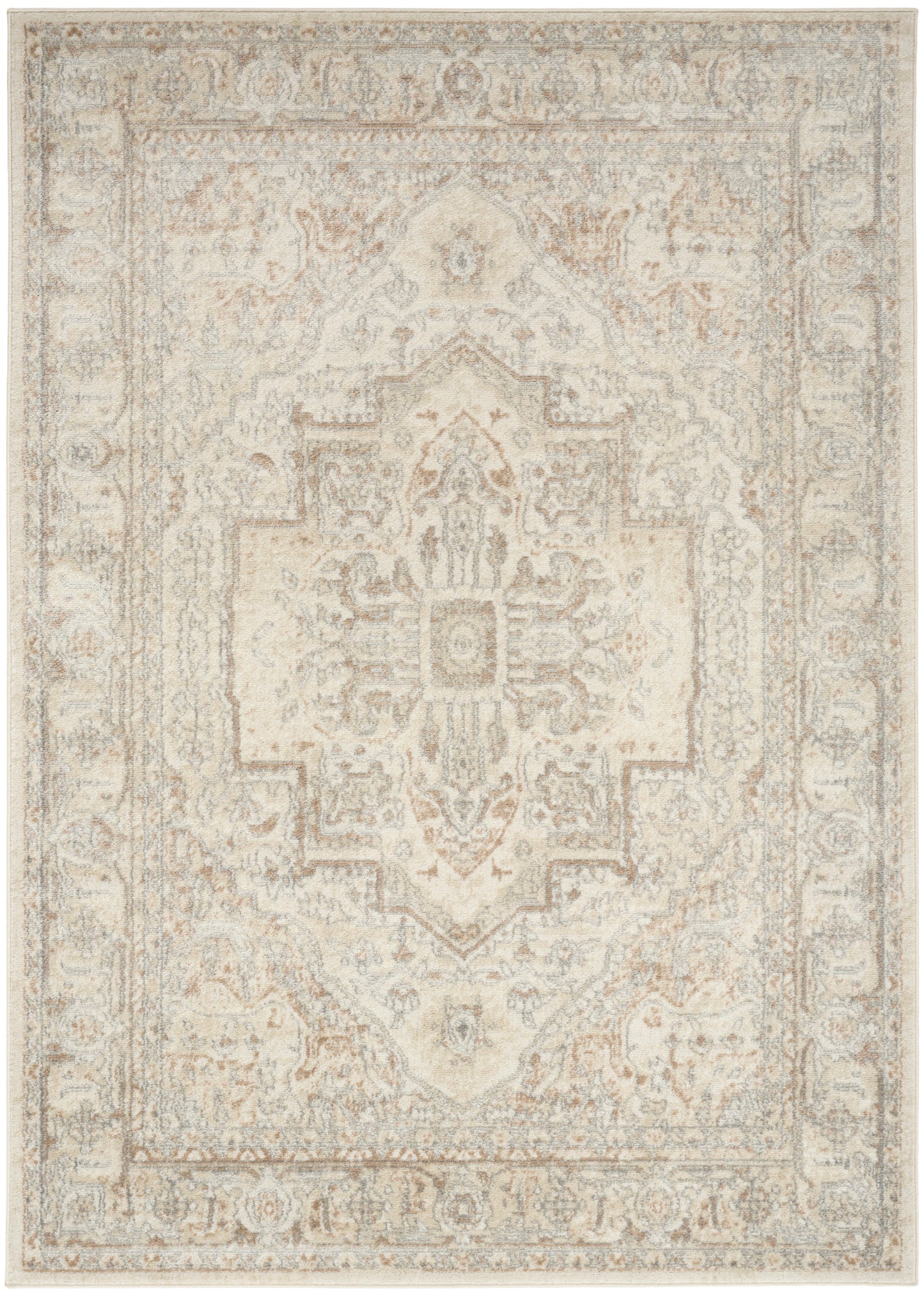 Ivory beige oriental rug with a center medallion and ornate border; distressed vintage look.