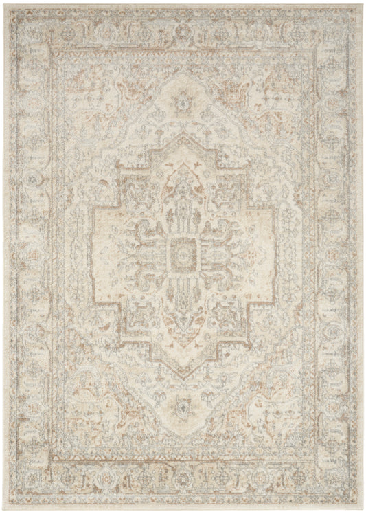 Ivory beige oriental rug with a center medallion and ornate border; distressed vintage look.