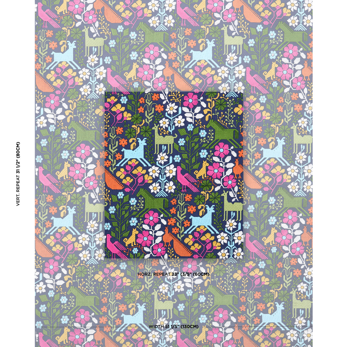 Colorful floral and bird print on fabric; navy central panel with bright flowers and blue birds; pastel gray-green background.