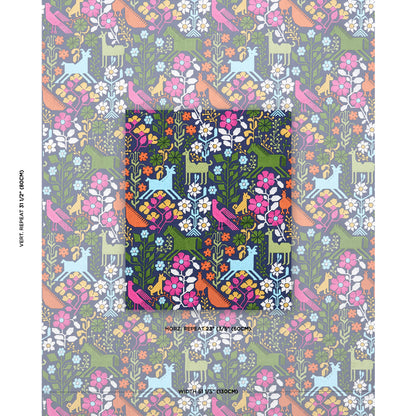 Colorful floral and bird print on fabric; navy central panel with bright flowers and blue birds; pastel gray-green background.
