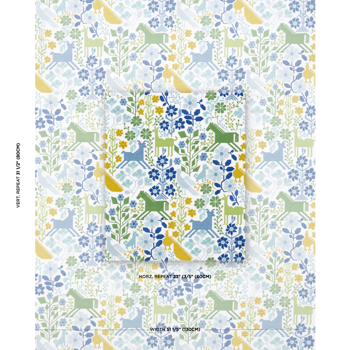Pastel horse and floral print textile in blue, green, and yellow; whimsical garden pattern.