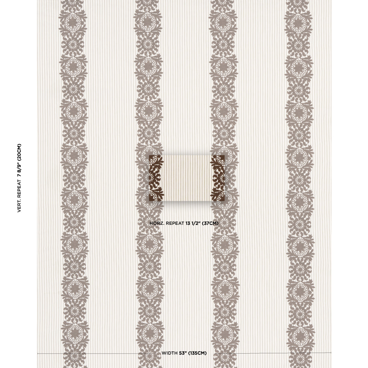 Ivory wallpaper with vertical taupe damask stripe pattern of floral medallions; classic wallcovering, 53" wide.