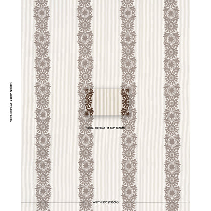 Ivory wallpaper with vertical taupe damask stripe pattern of floral medallions; classic wallcovering, 53" wide.