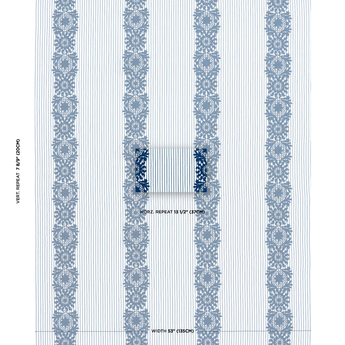 Blue and white fabric with vertical columns of floral medallions on a striped background.