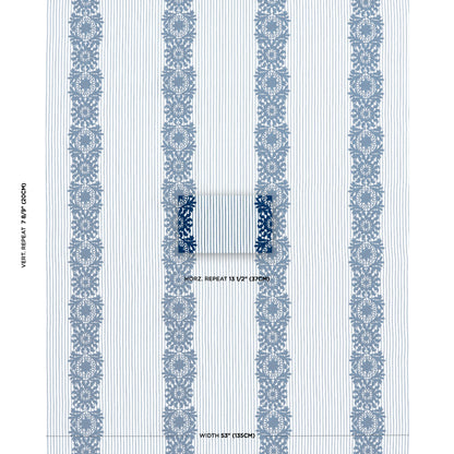 Blue and white fabric with vertical columns of floral medallions on a striped background.