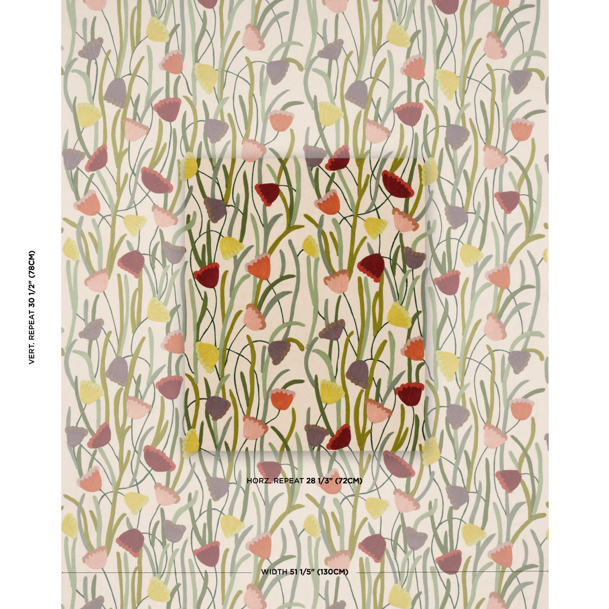 Embroidered floral pattern with tall green stems and small multicolor flowers in pink, yellow, purple & red on cream background