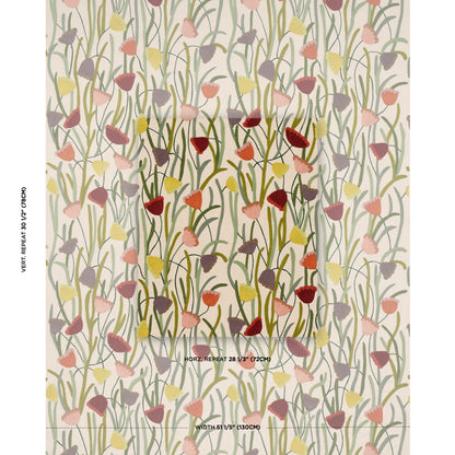 Embroidered floral pattern with tall green stems and small multicolor flowers in pink, yellow, purple & red on cream background