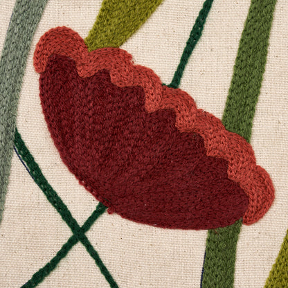 Scalloped-edged red burgundy flower petal embroidery on beige fabric with green leafy stems.