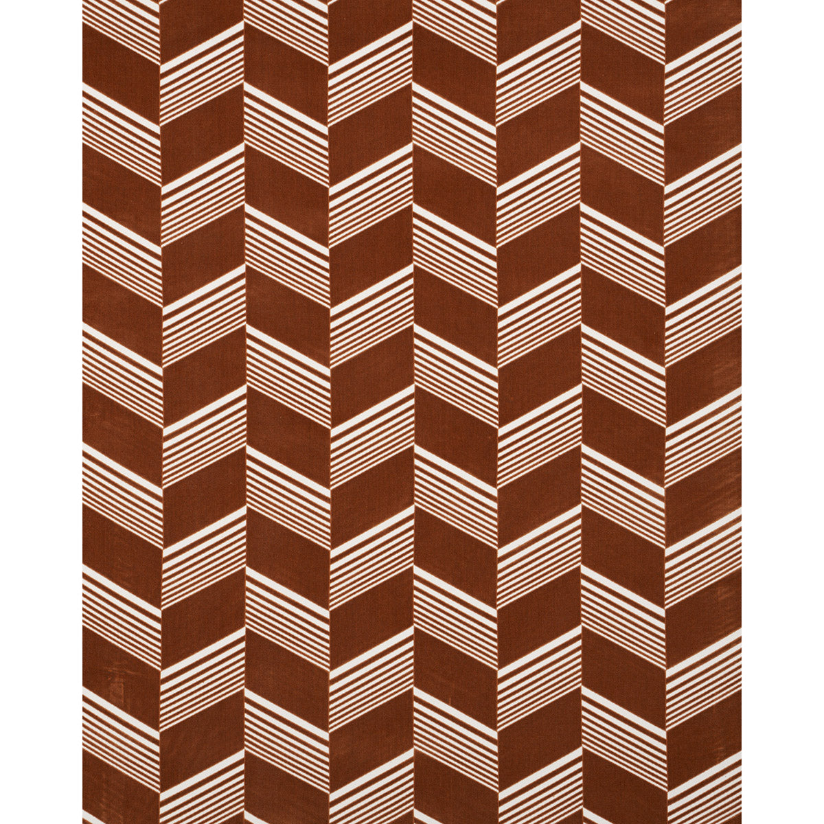 Brown cut velvet fabric with a white diagonal striped chevron pattern creating vertical zigzags; bold geometric textile.