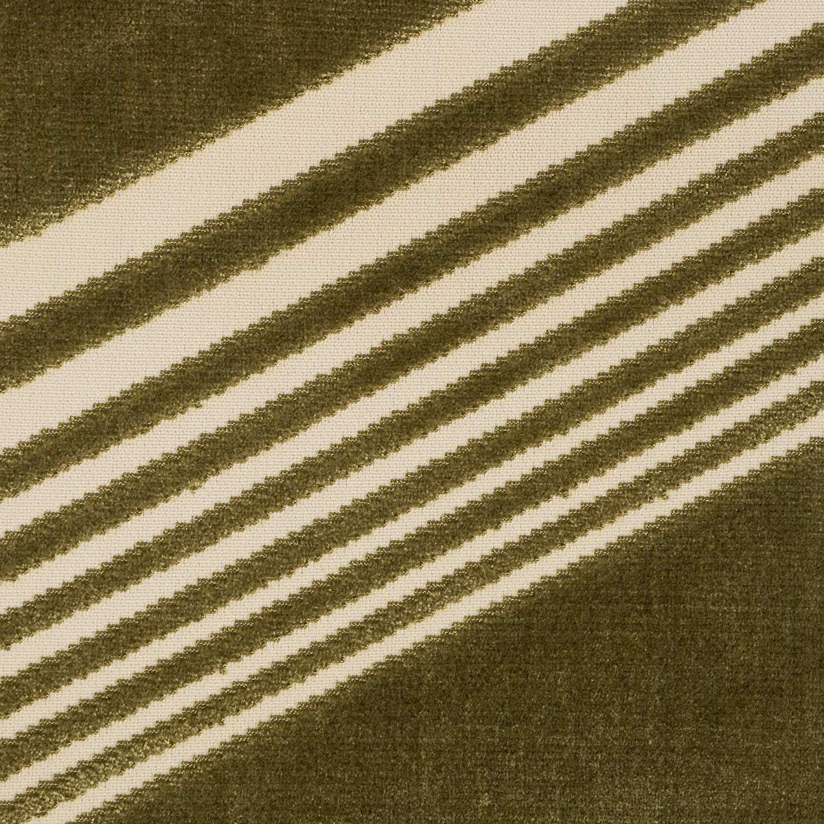 Olive green cut velvet fabric with cream diagonal stripes & textured surface.