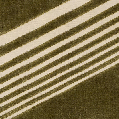 Olive green cut velvet fabric with cream diagonal stripes & textured surface.