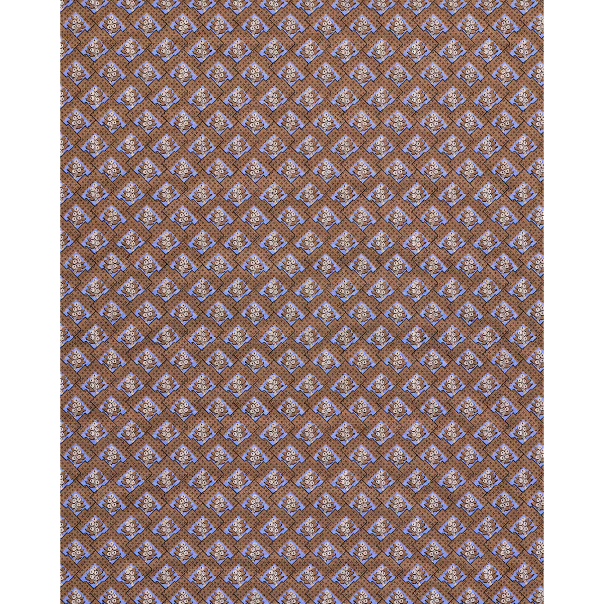 Brown fabric with small blue and cream diamond lattice motifs in a geometric pattern, ideal for upholstery or apparel.