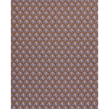 Brown fabric with small blue and cream diamond lattice motifs in a geometric pattern, ideal for upholstery or apparel.