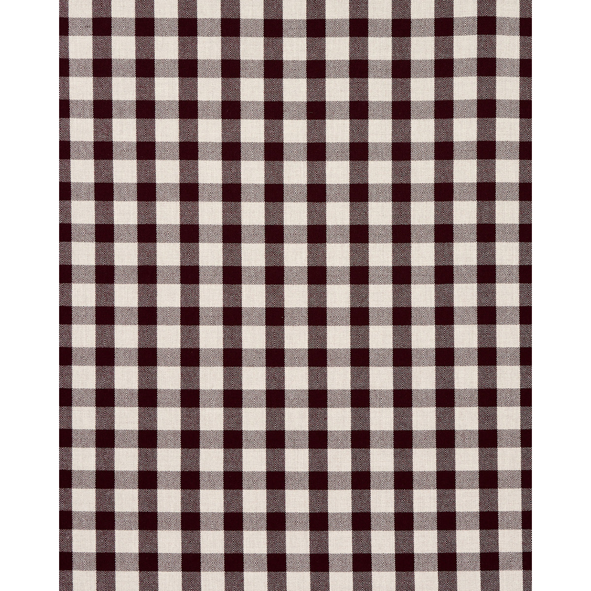 Burgundy and white gingham check fabric; crisp square pattern, versatile textile for table linens or shirts.
