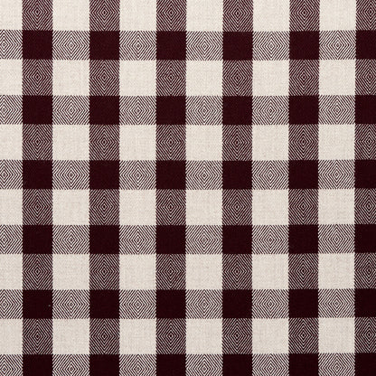Maroon and cream buffalo check woven fabric with textured grid plaid; rustic textile for shirts or table linens.