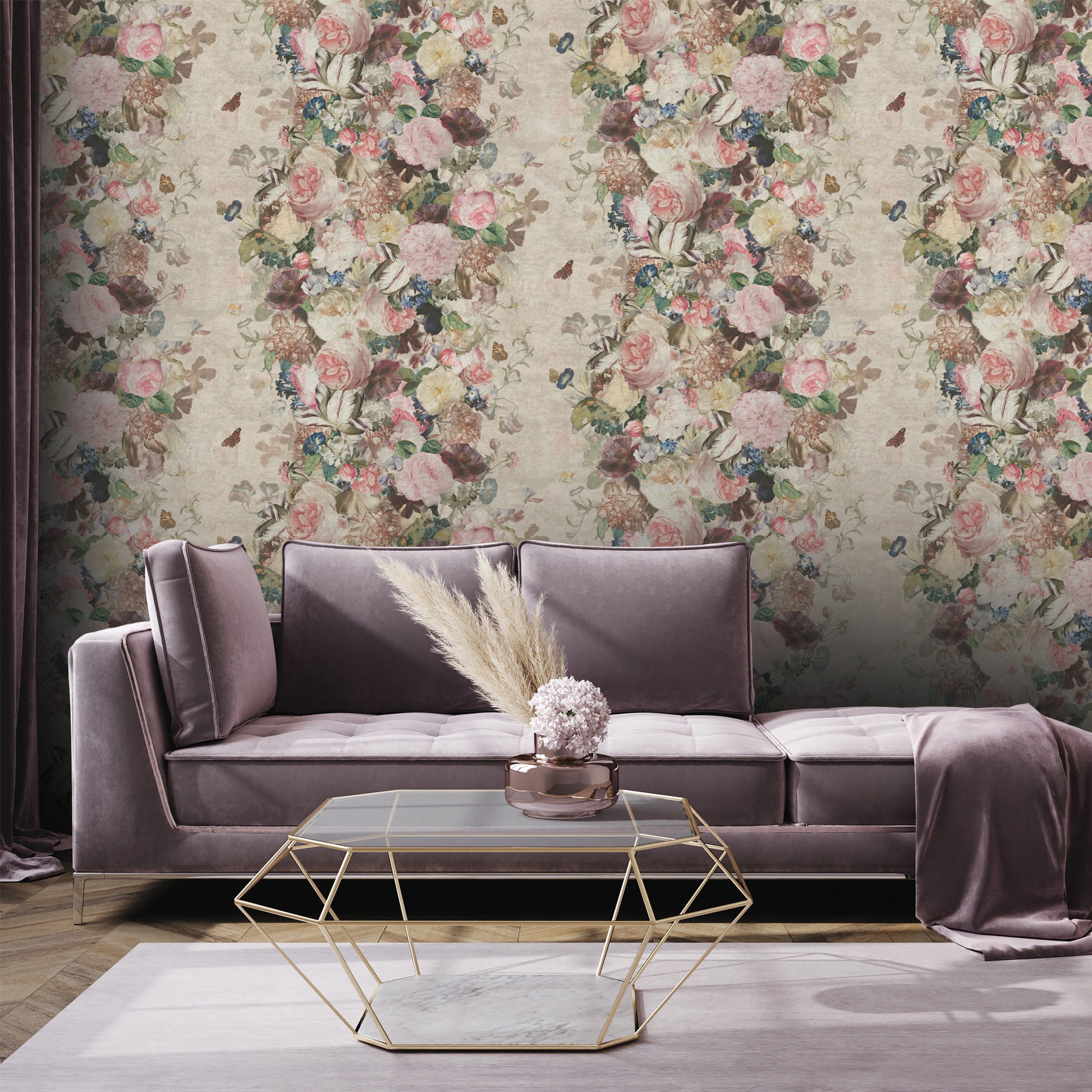 JFƒ??Fabrics Mayfair Wallcovering 8163ƒ??14 showing largeƒ??scale photoƒ??real flowers in pink, purple and blue on a taupe/blush background ƒ?? ideal for a glam accent wall.