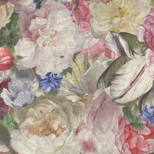 JFƒ??Fabrics Mayfair Wallcovering 8163ƒ??14 showing largeƒ??scale photoƒ??real flowers in pink, purple and blue on a taupe/blush background ƒ?? ideal for a glam accent wall.