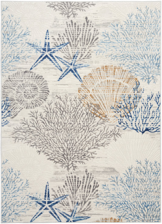 Coastal rug with blue starfish & coral motifs in gray, blue & tan on ivory background.
