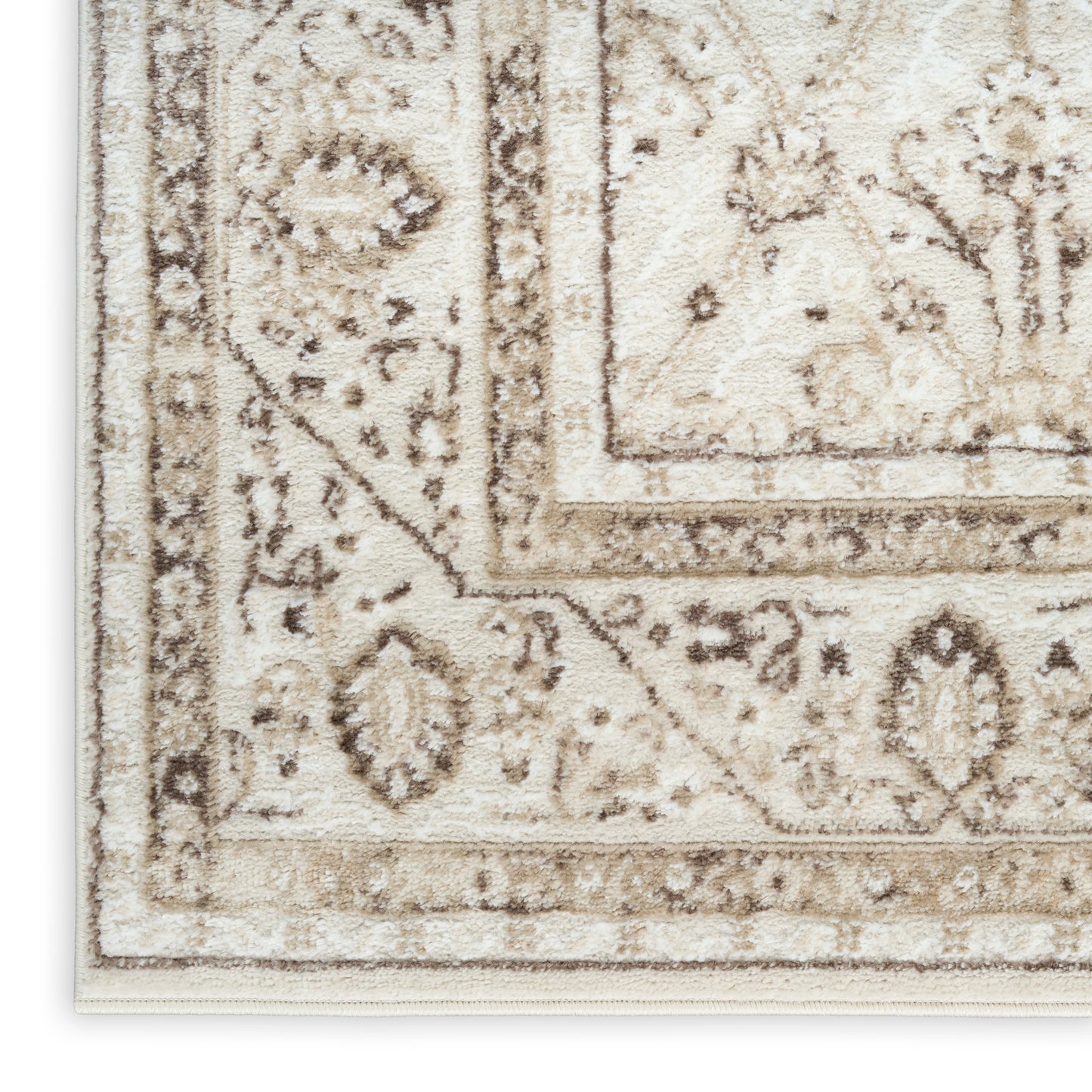 Corner view of a cream and taupe Persian-style area rug with ornate floral borders.