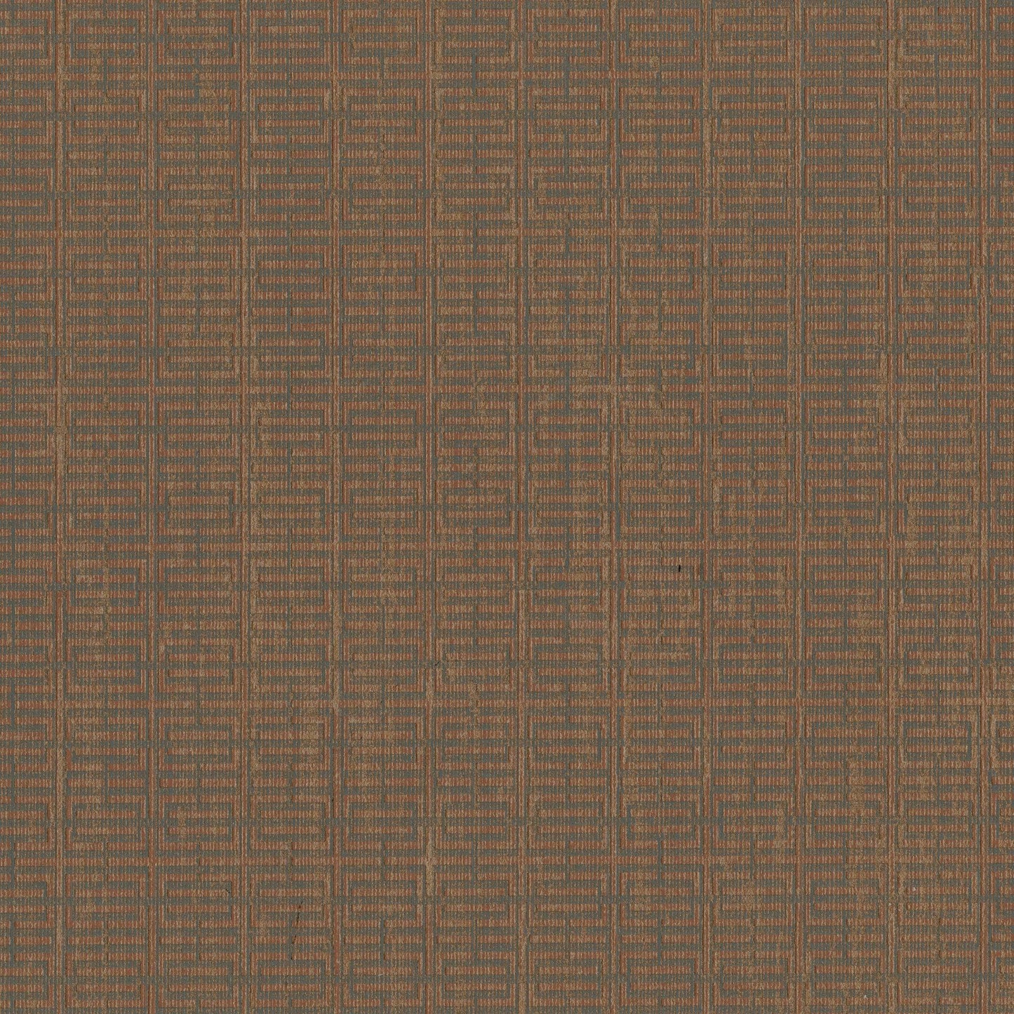 Brown textured upholstery fabric with a repeating tan geometric grid of rectangles.