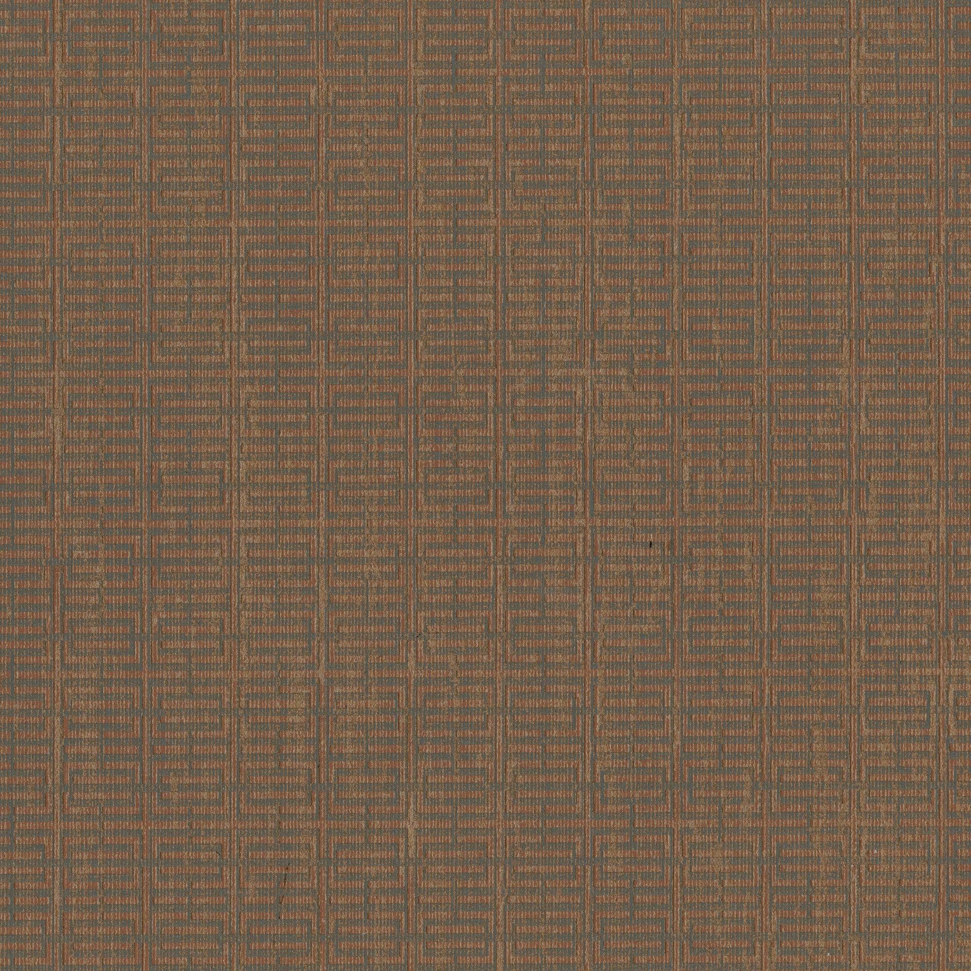Brown textured upholstery fabric with a repeating tan geometric grid of rectangles.
