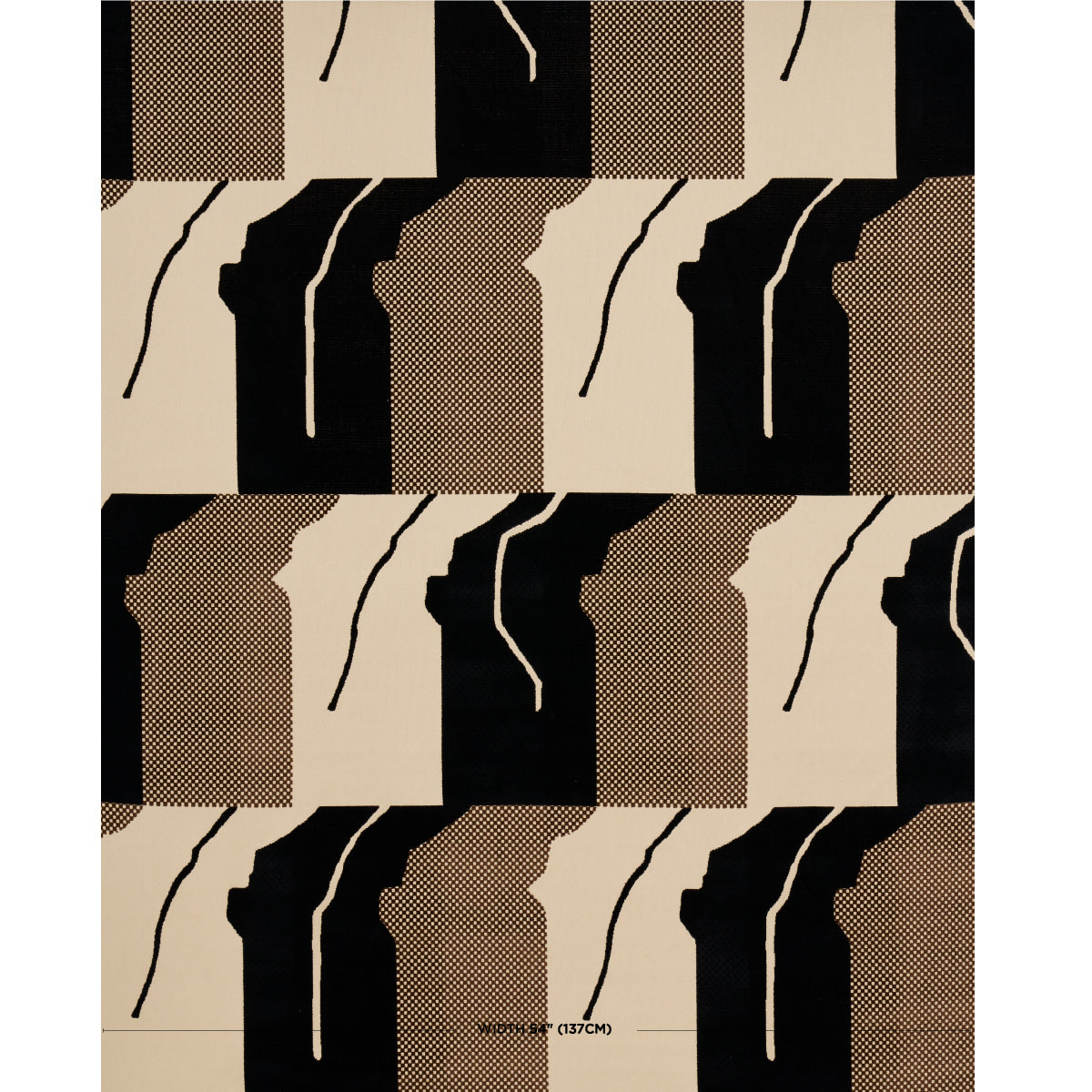 Abstract geometric rug with black, tan and brown checker blocks, dotted textures and curved lines.